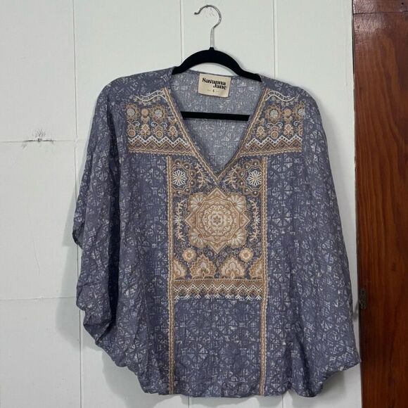 Savanna Jane Blue Embroidered Boho Dolman Sleeve Top Small - Picture 1 of 5